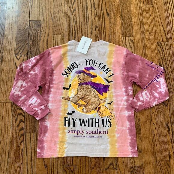 NWT New SIMPLY SOUTHERN Halloween Dog Logo Can’t Fly with Us Tie Dye Tee Kids S - Picture 1 of 5